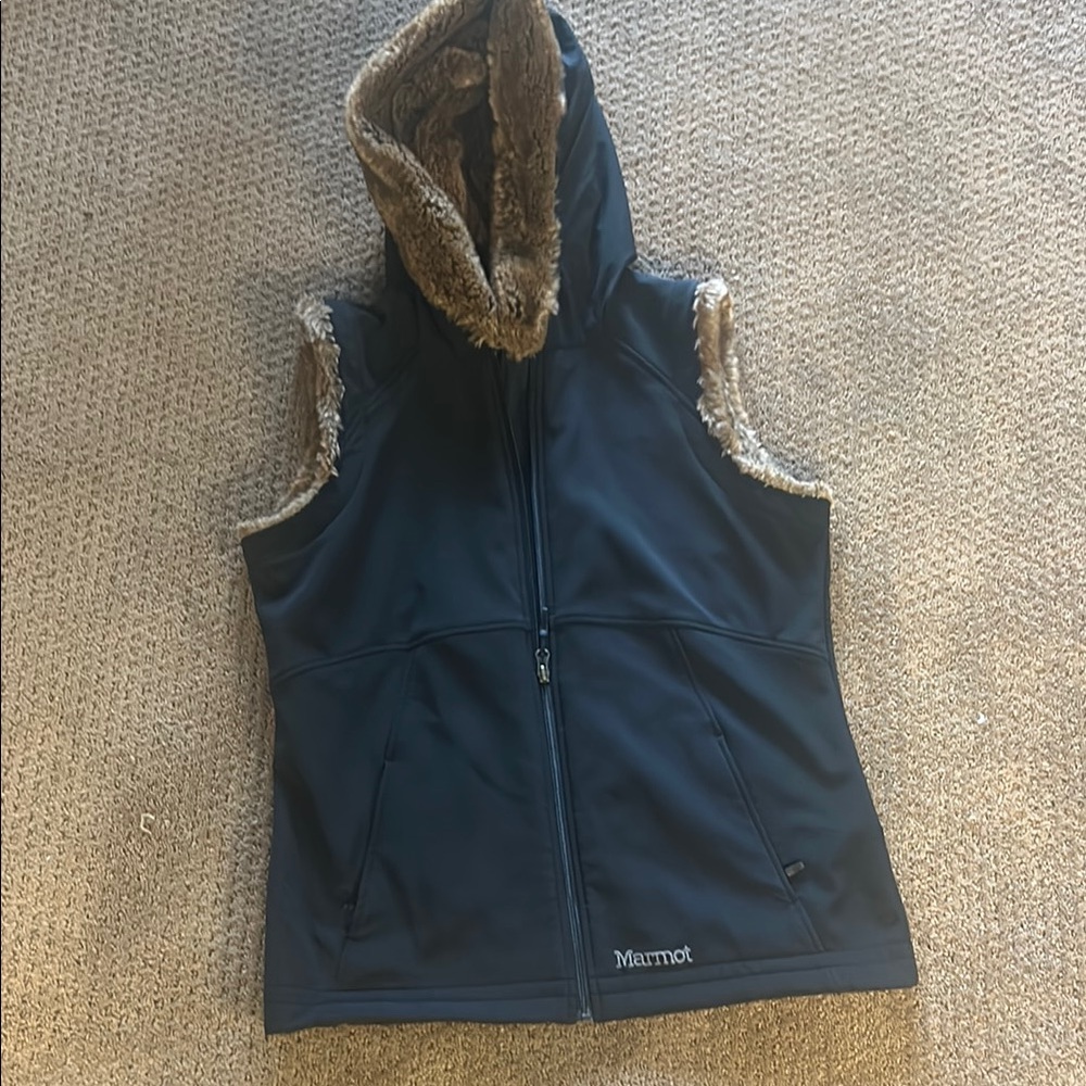 Marmot Black Hooded Vest with Faux Fur Trim